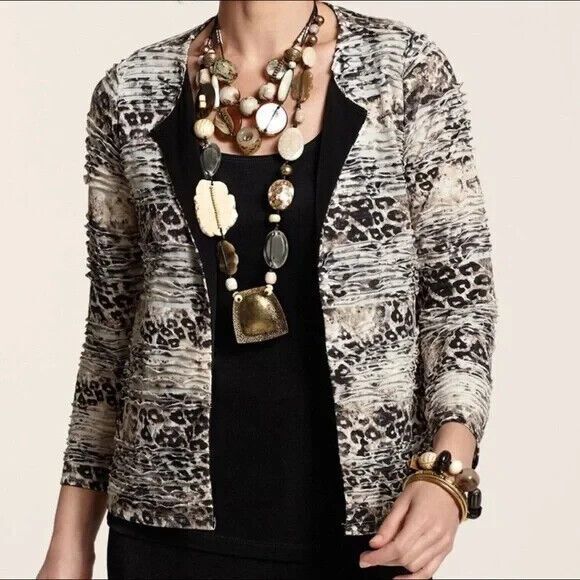 CHICOS TRAVELERS Leopard Animal Print Textured Cardigan SIZE 0 US SMALL 4 - Picture 1 of 12